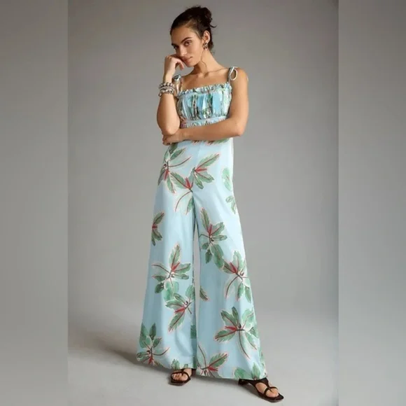 NWT Anthropologie Hutch Ruched Blue Floral Jumpsuit 10 - Picture 1 of 8